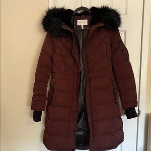 BCBGeneration Maroon Puffer Coat with Black Faux Fur Hood
